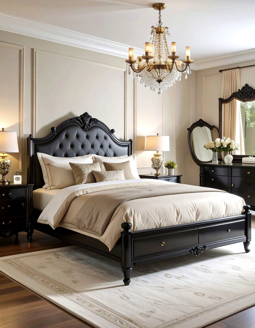 Vintage Glam Bedroom with Metallic Accents - 25 Black and Beige Bedroom Design Ideas