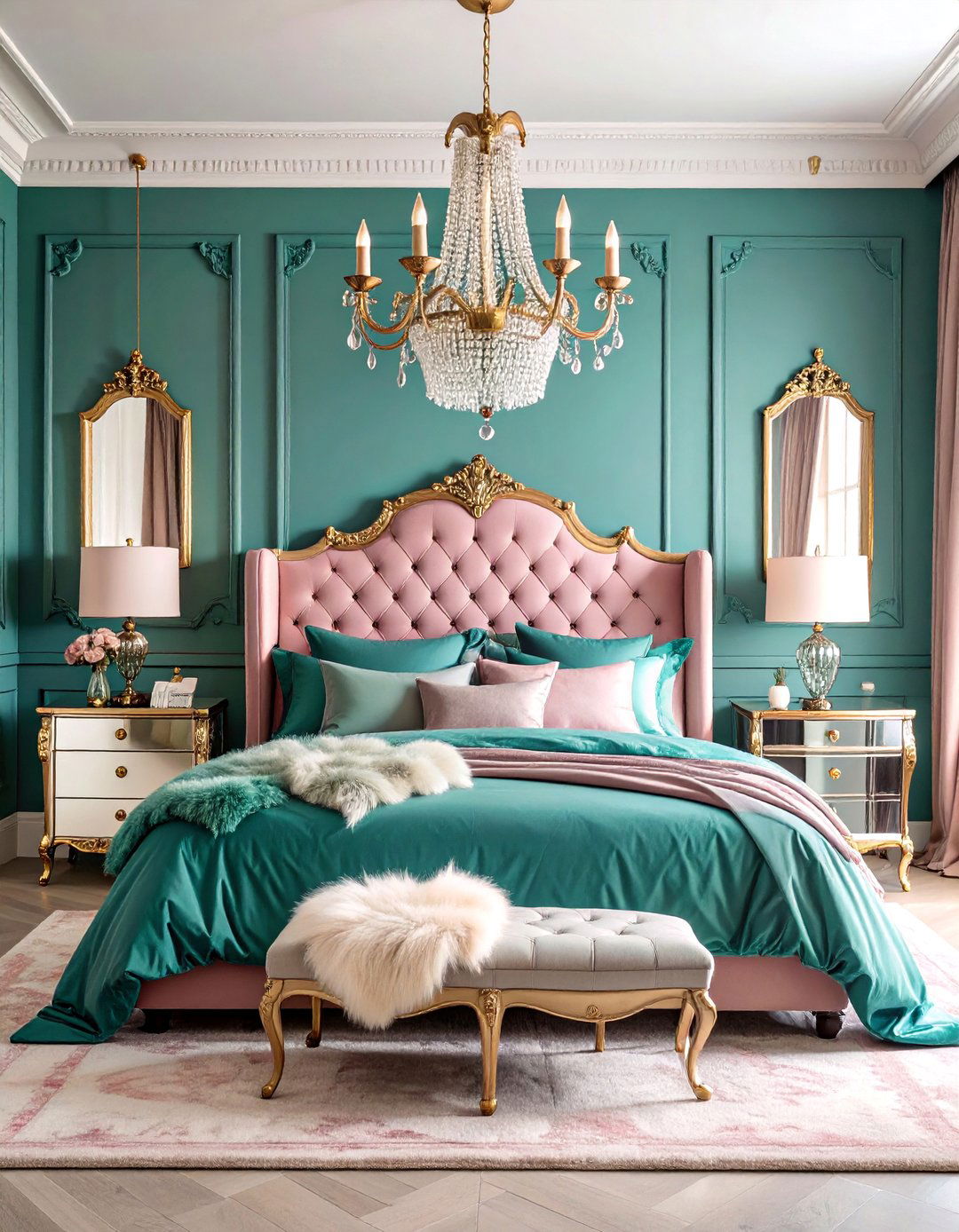 Vintage Glam Teal and Rose Pink Bedroom with Metallic Accents - 25 Teal and Pink Bedroom Ideas