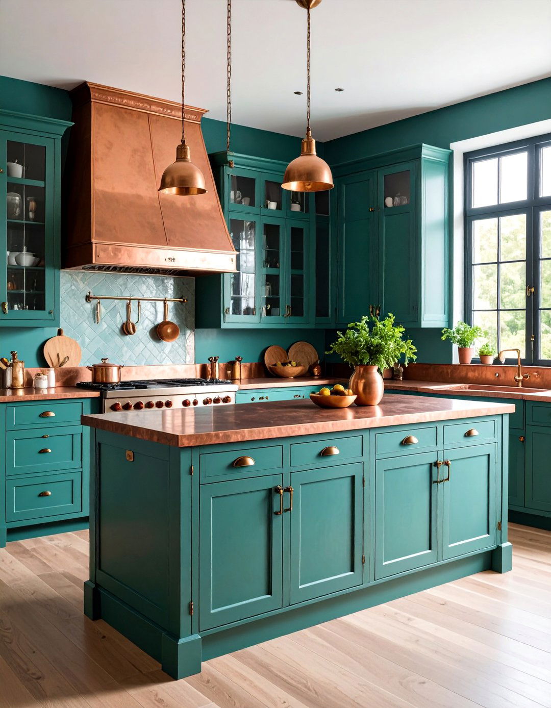 Vintage Green Kitchen Cabinets with Brown Copper Countertops - 25 Green and Brown Kitchen Ideas