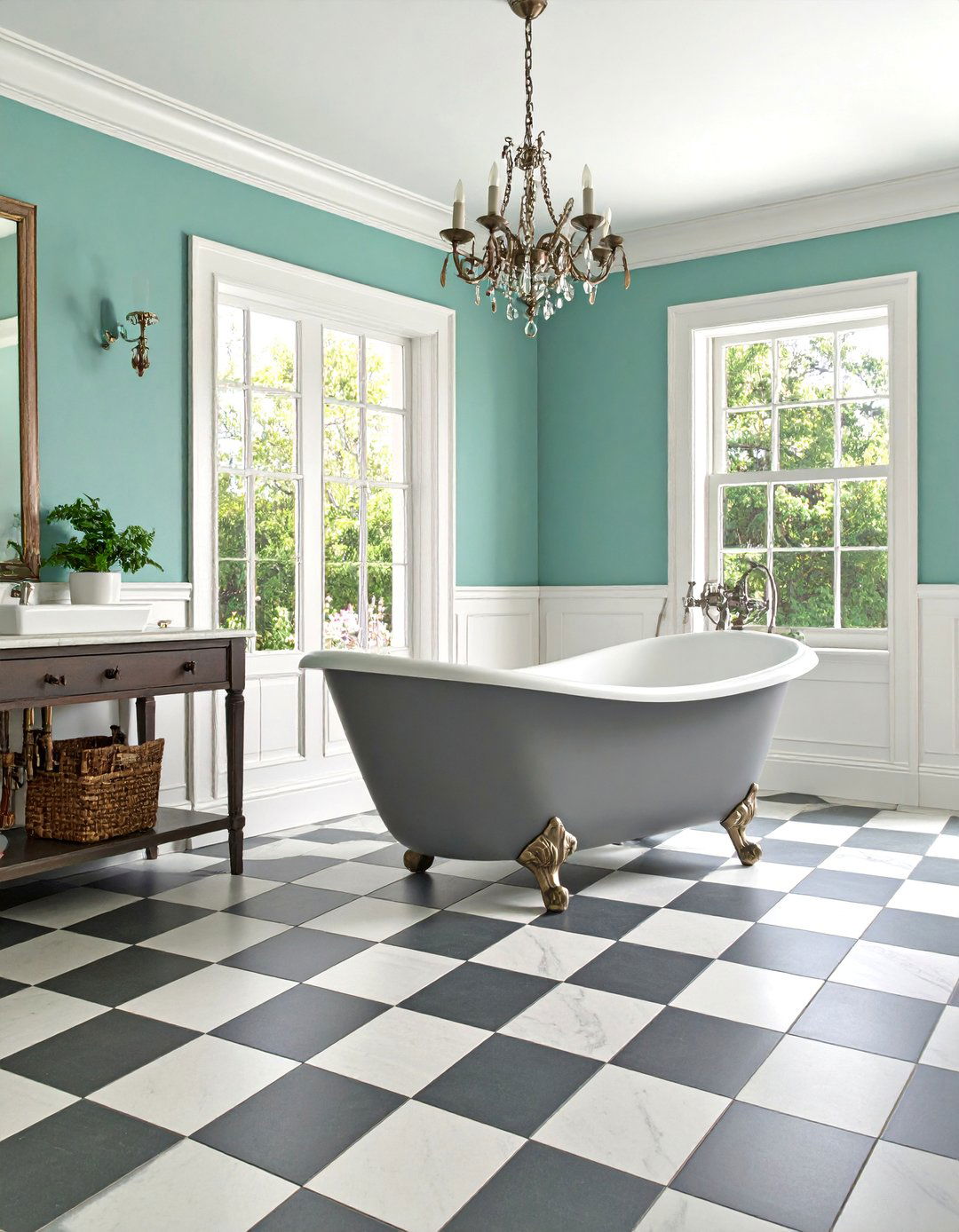 Vintage Grey Clawfoot Tub with White Wainscoting - 25 Grey and White Bathroom Ideas