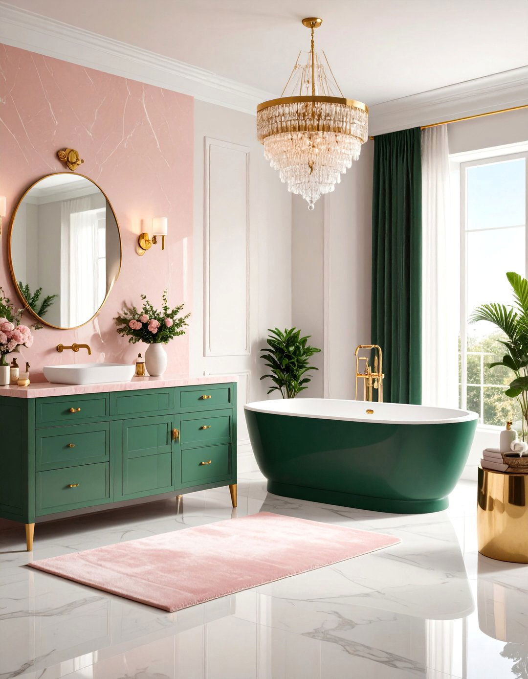 Vintage Hollywood Glam Bathroom with Pink Onyx and Emerald Green Details - 25 Pink and Green Bathroom Design Ideas