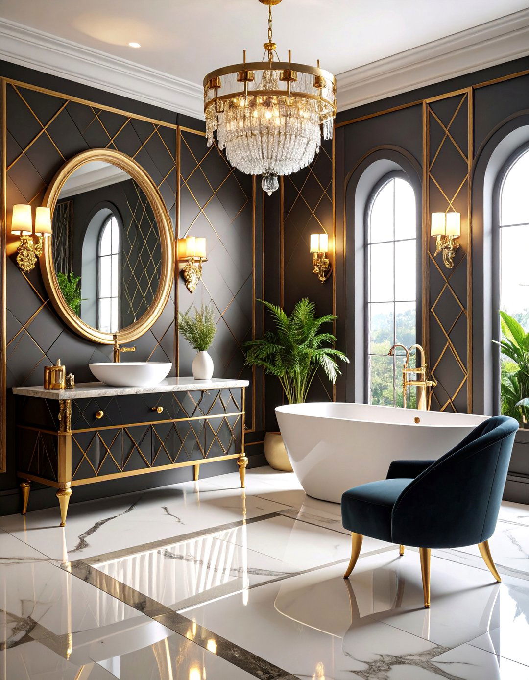 Vintage Hollywood Glam Powder Room with Mirrored Vanity - 25 Eclectic Powder Room Ideas