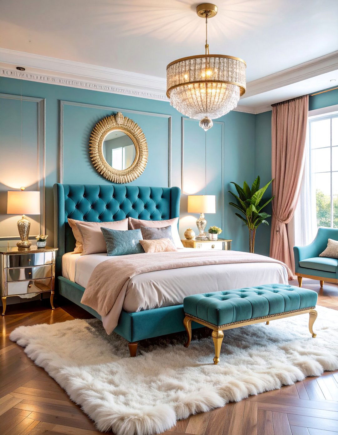 Vintage Hollywood Regency Bedroom with Mirrored Furniture and Dramatic Lighting - 25 Large Bedroom Design Ideas