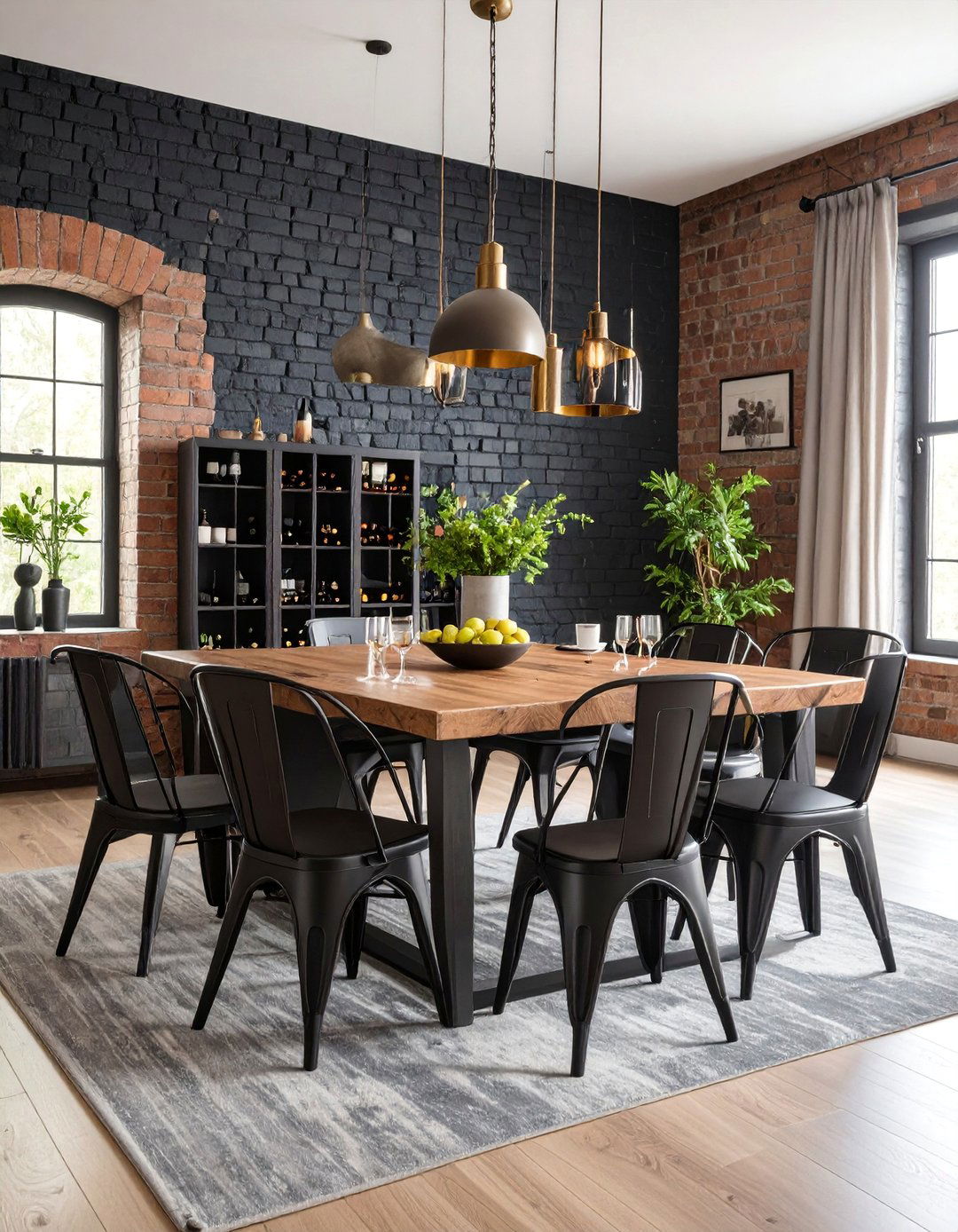 Vintage Industrial Dining Room with Dark Brick Feature Wall - 25 Brick Wallpaper Ideas