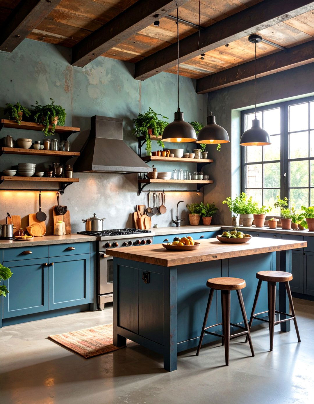 Vintage Industrial Kitchen with Reclaimed Metal Shelving - 25 Kitchens Without Upper Cabinets