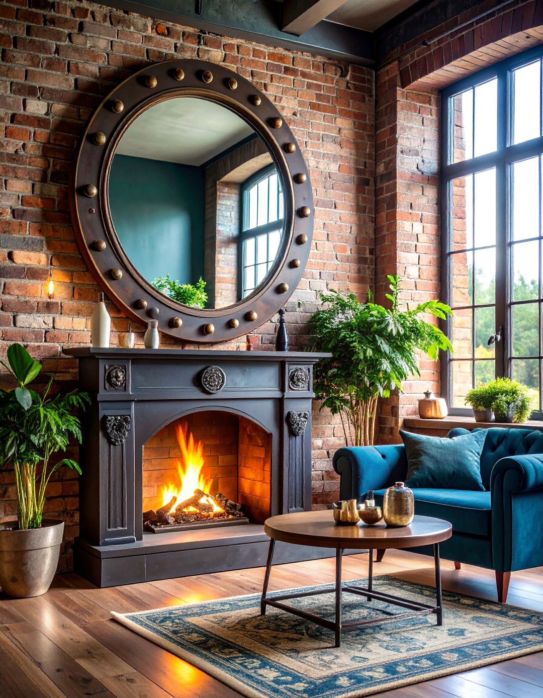 Vintage Industrial Mirror with Riveted Metal Frame - 25 Mirror Over Fireplace Ideas