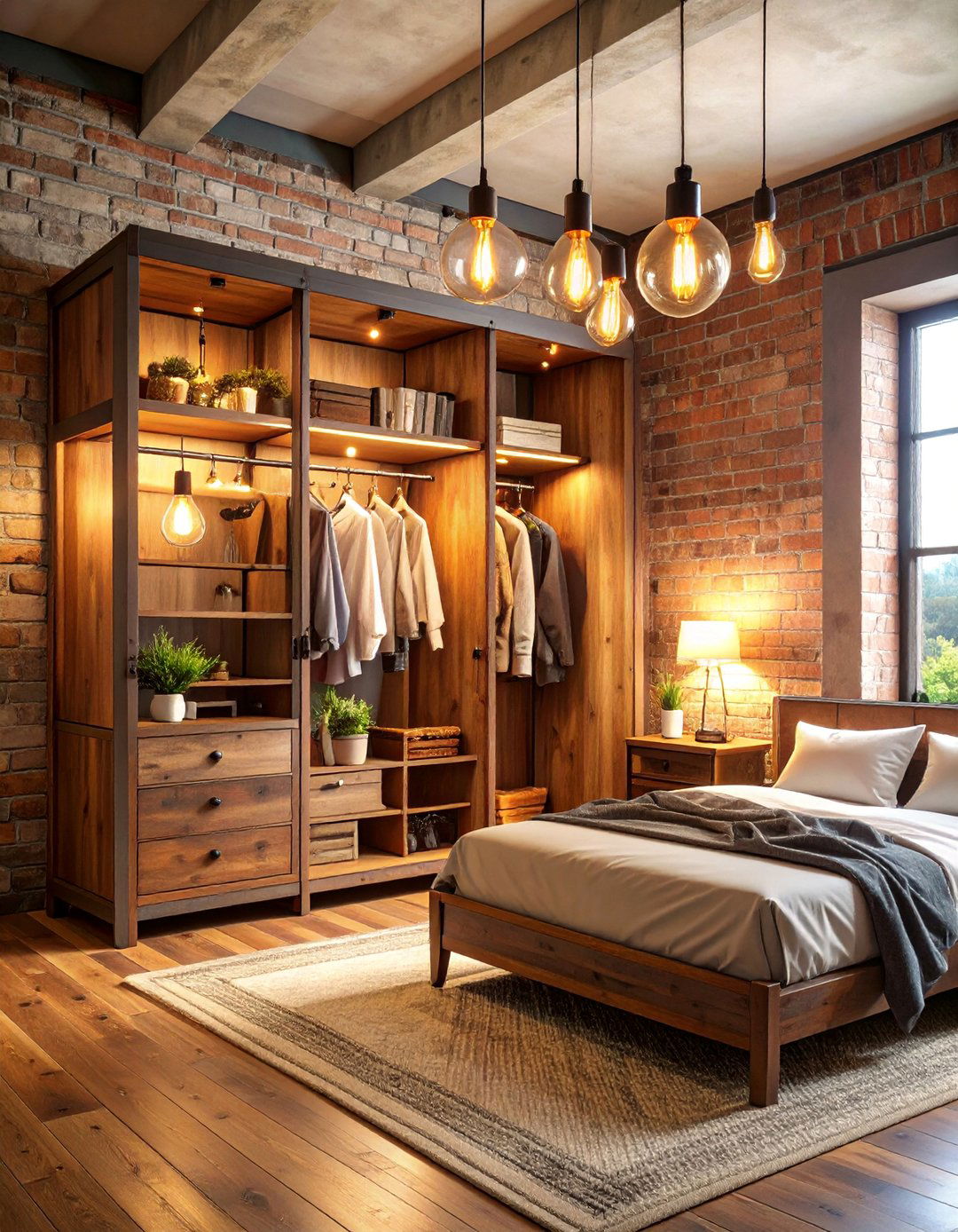 Vintage Industrial Open Closet with Edison Bulb Lighting - 25 Open Closet Ideas