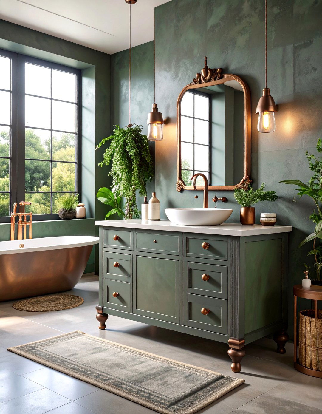 Vintage Industrial Oxidized Grey Vanity with Copper Accents - 25 Grey Bathroom Vanity Design Ideas