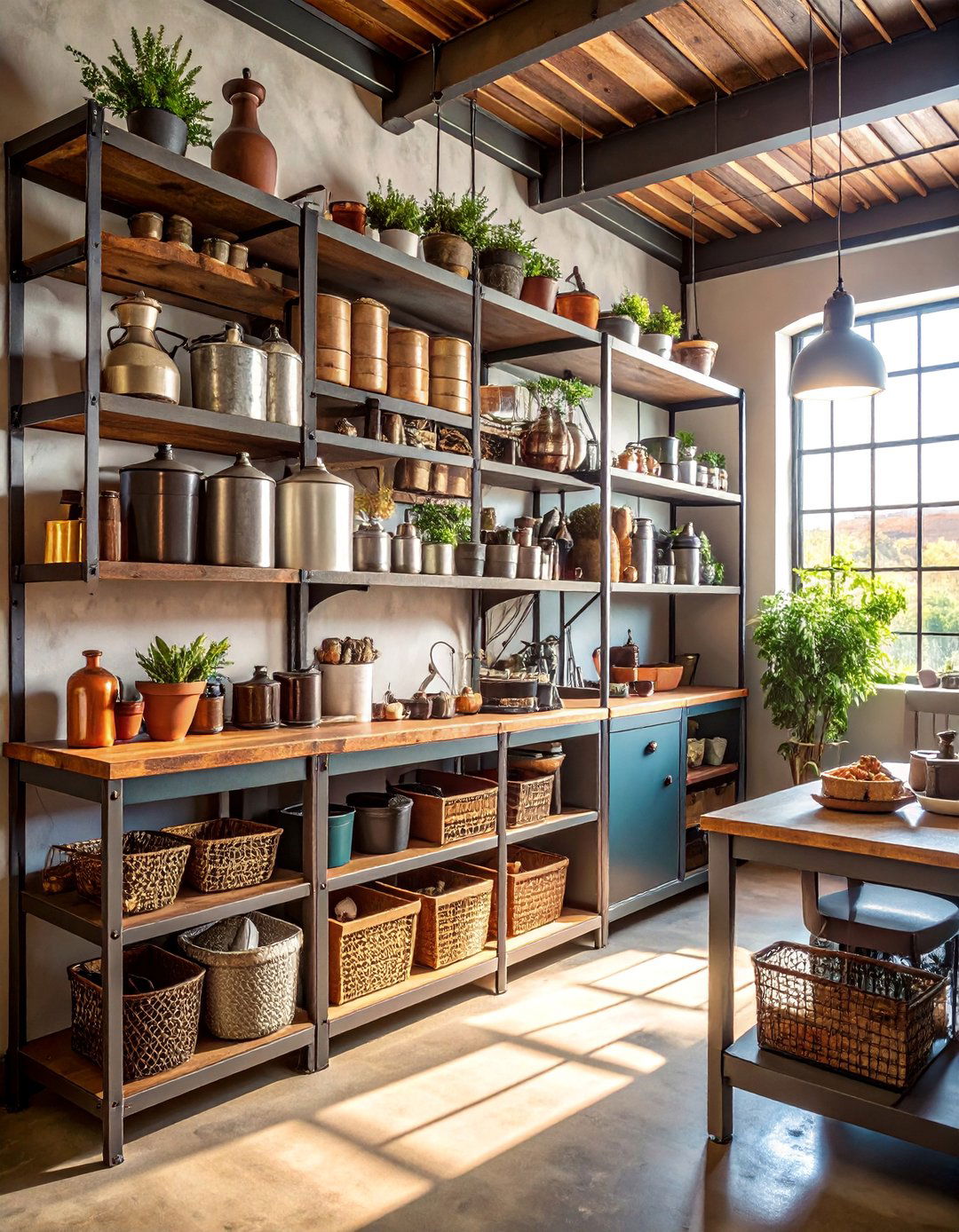 Vintage Industrial Storage Wall with Metal Bins and Shelving - 25 Industrial Decor Ideas
