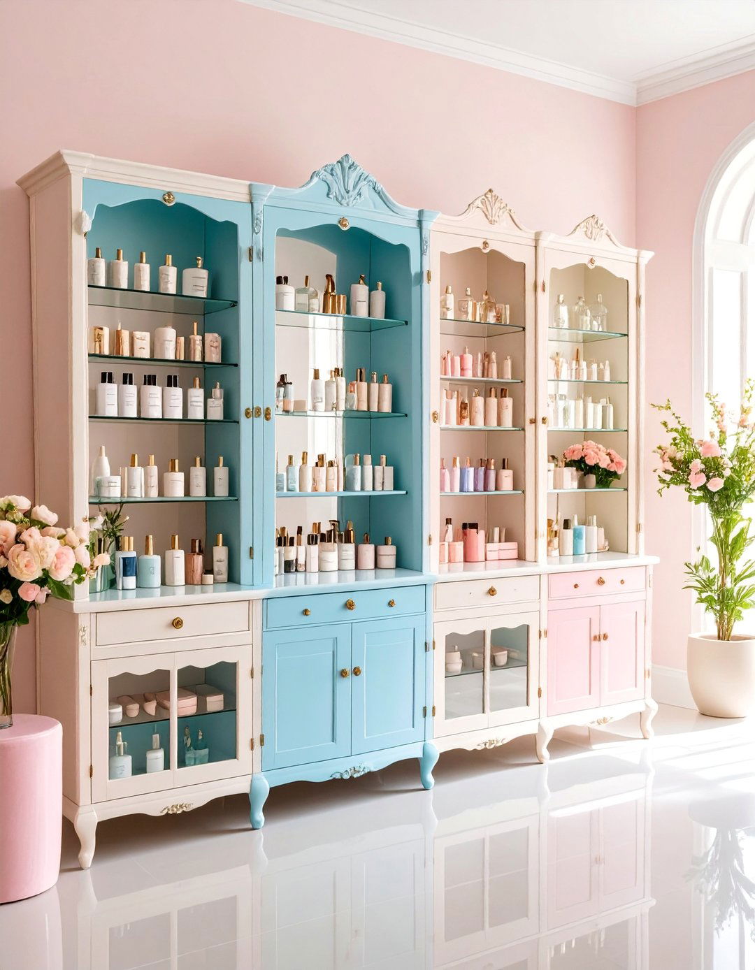Vintage Inspired Apothecary Cabinet with Glass Door Display - 25 vanity organization ideas