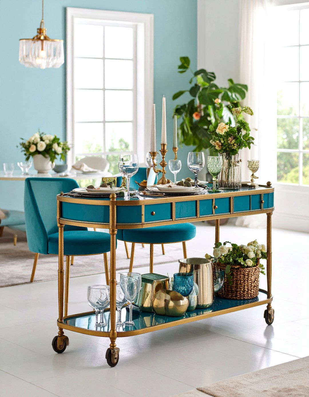 Vintage Inspired Bar Cart with Modern Accessories - 25 Transitional Dining Room Ideas