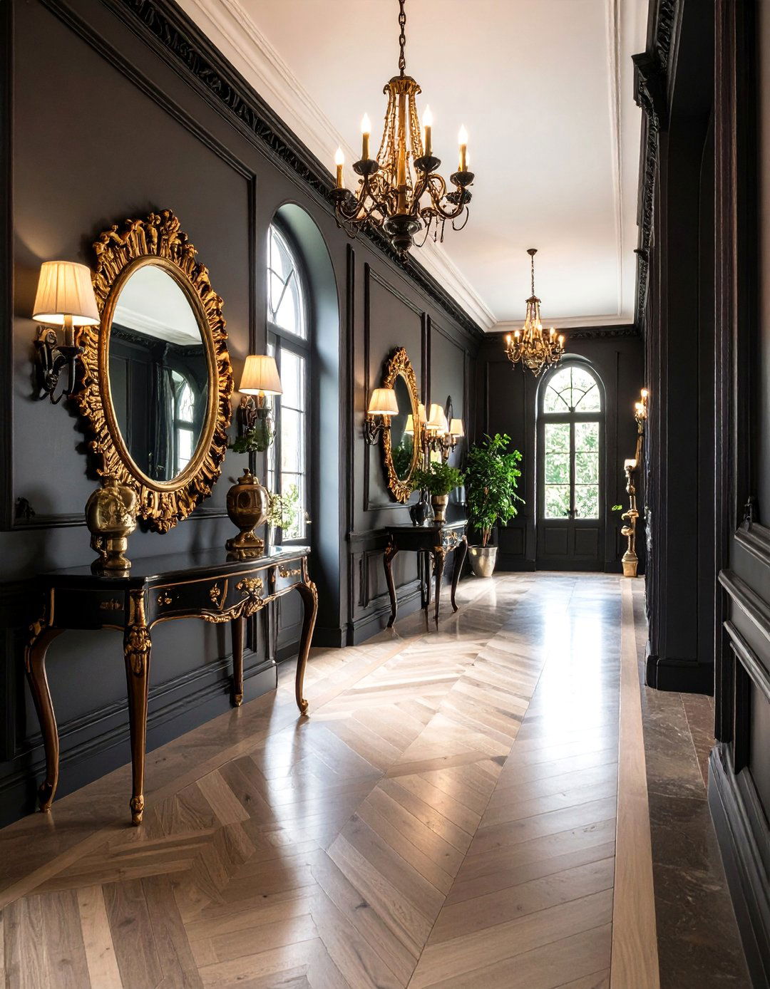 Vintage Inspired Black Hallway with Antique Accessories - 25 Black Hallway Ideas