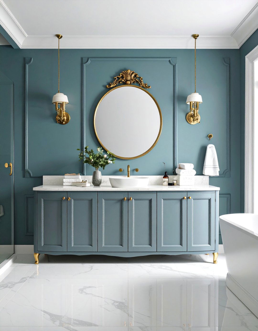 Vintage Inspired Pewter Grey Vanity with Brass Details - 25 Grey Bathroom Vanity Design Ideas
