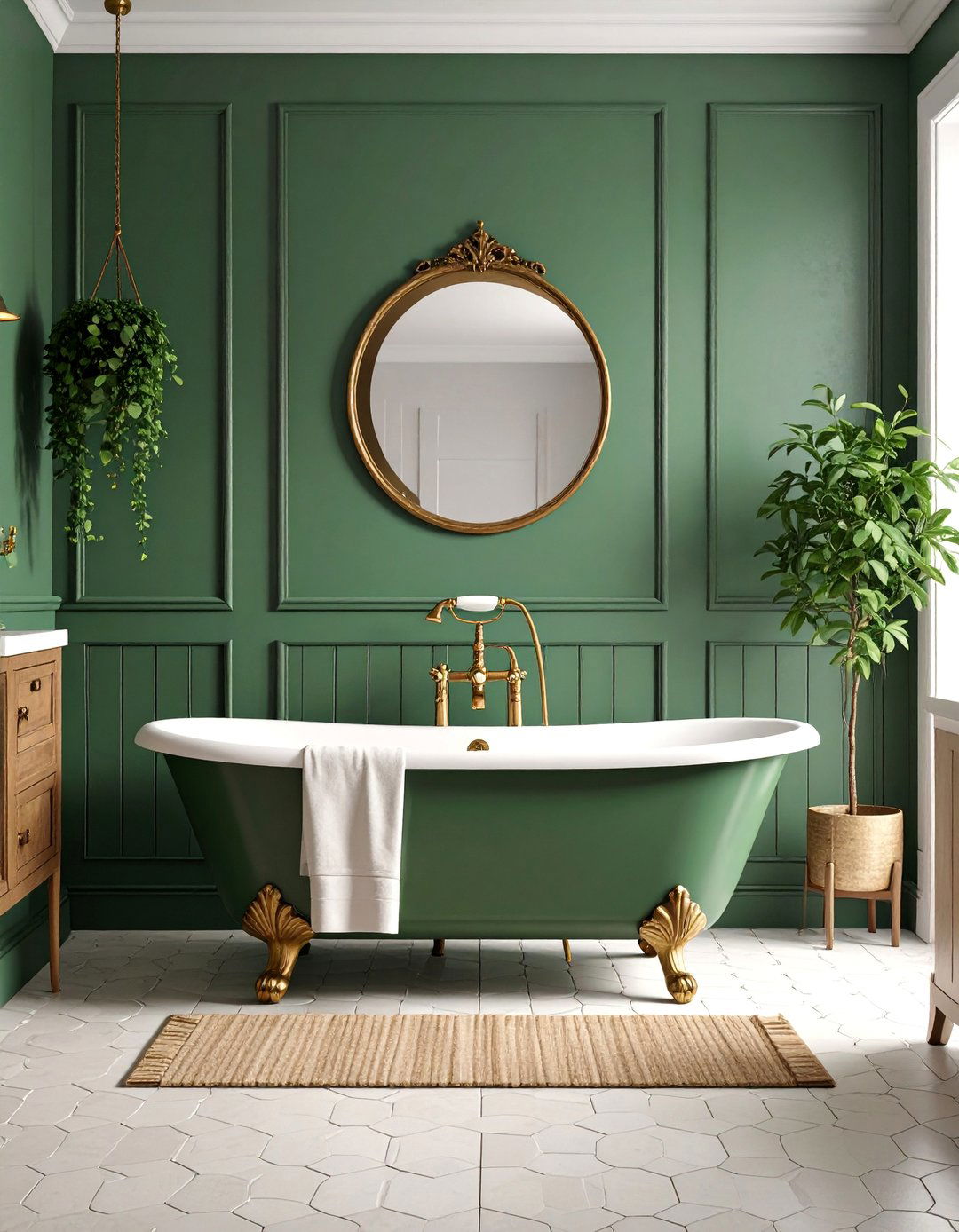 Vintage Inspired Sage Green Bathroom with Cream Pedestal Sink - 25 Sage Green and Cream Bathroom Ideas