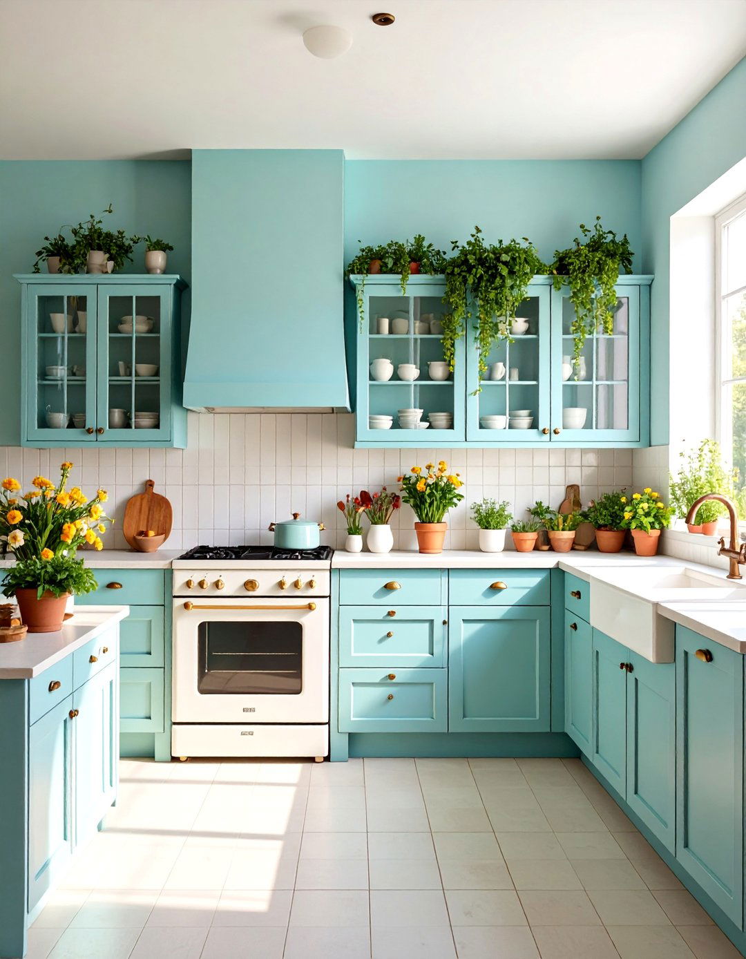 Vintage Kitchen with Glass Front Cabinetry - 25 Nancy Meyers Interior Design Ideas