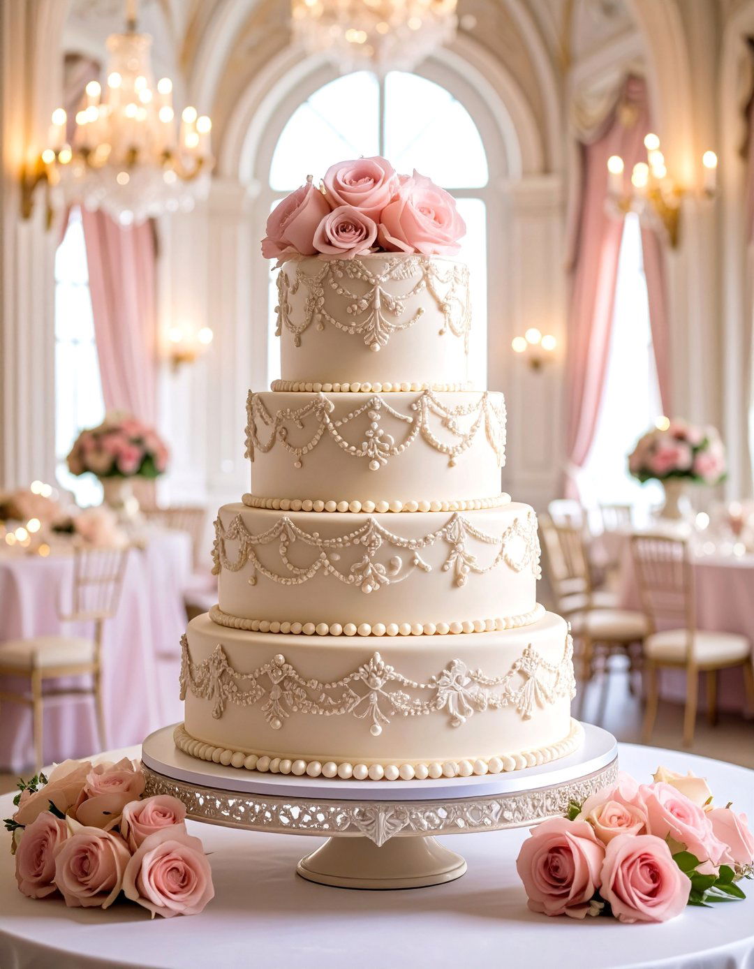 Vintage Lace Naked Cake with Pearl Details - 25 Naked and Semi-naked Wedding Cake Ideas