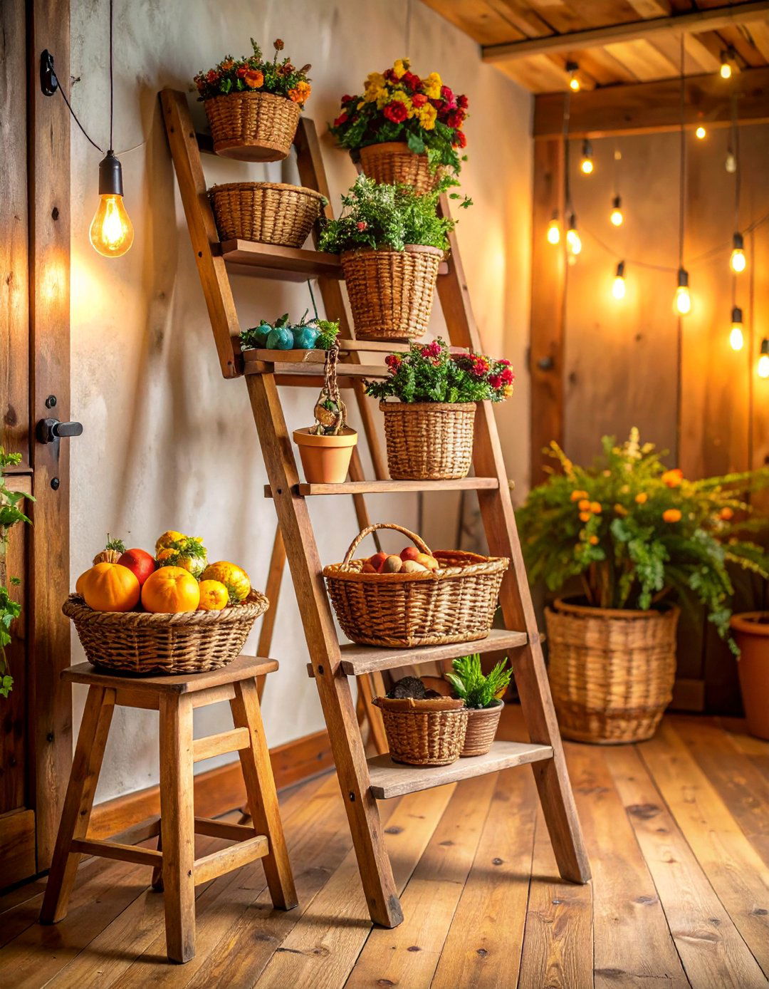 Vintage Ladder Display with Baskets - 25 Farmhouse Entryway Ideas