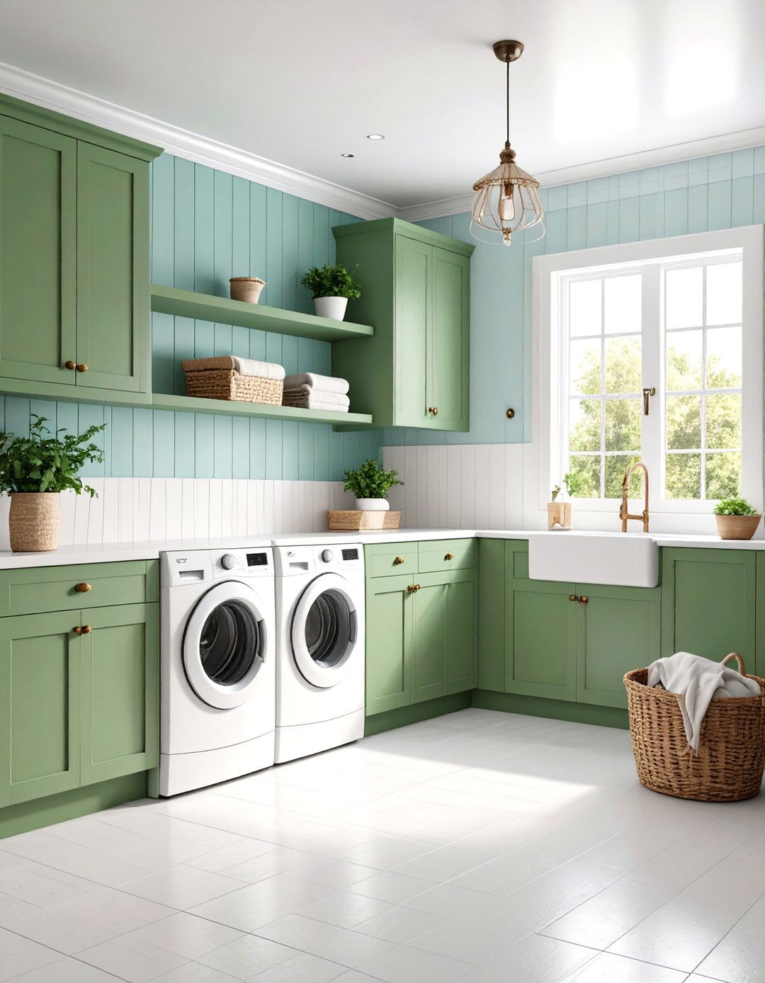 Vintage Laundry Room with Olive Green Beadboard - 25 Olive Green Accent Wall Ideas