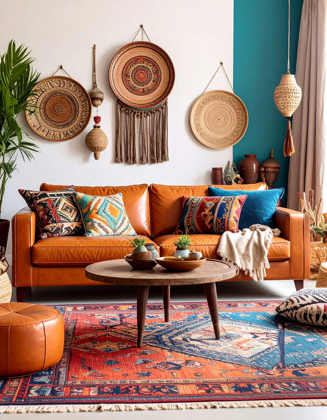 Vintage Leather Furniture Living Room with Global Accents - 25 Bohemian Desert Decor Ideas