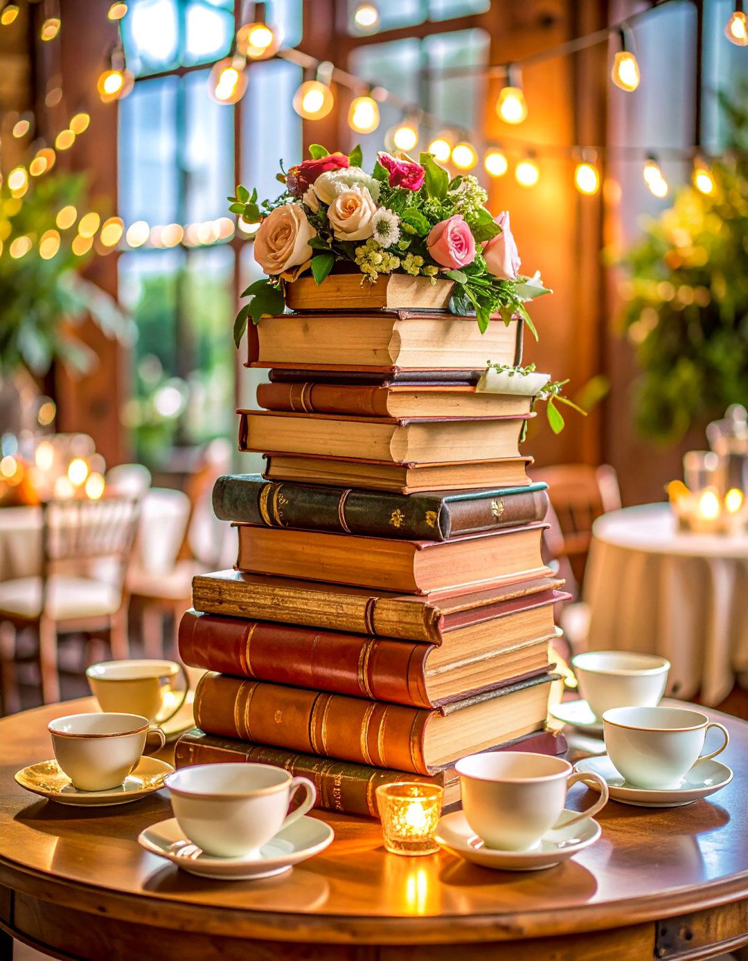 Vintage Library Book Stack Centerpieces - 25 Wedding Decoration Ideas