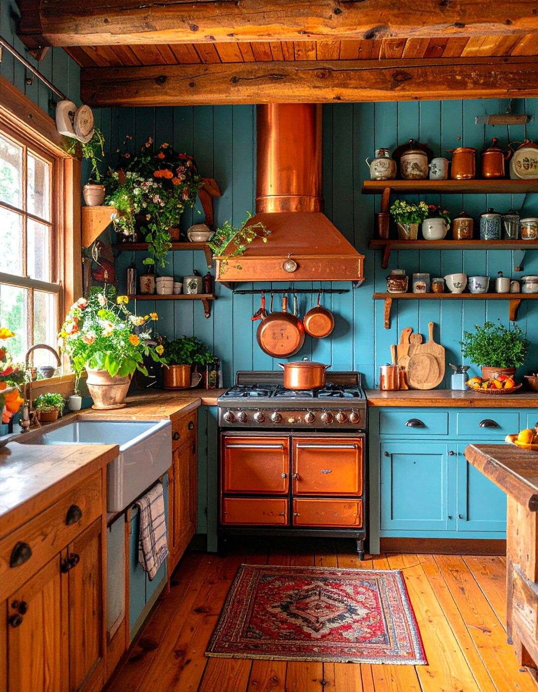 Vintage Log Cabin Kitchen with Antique Stove and Copper Pots - 25 Log Cabin Kitchen Design Ideas