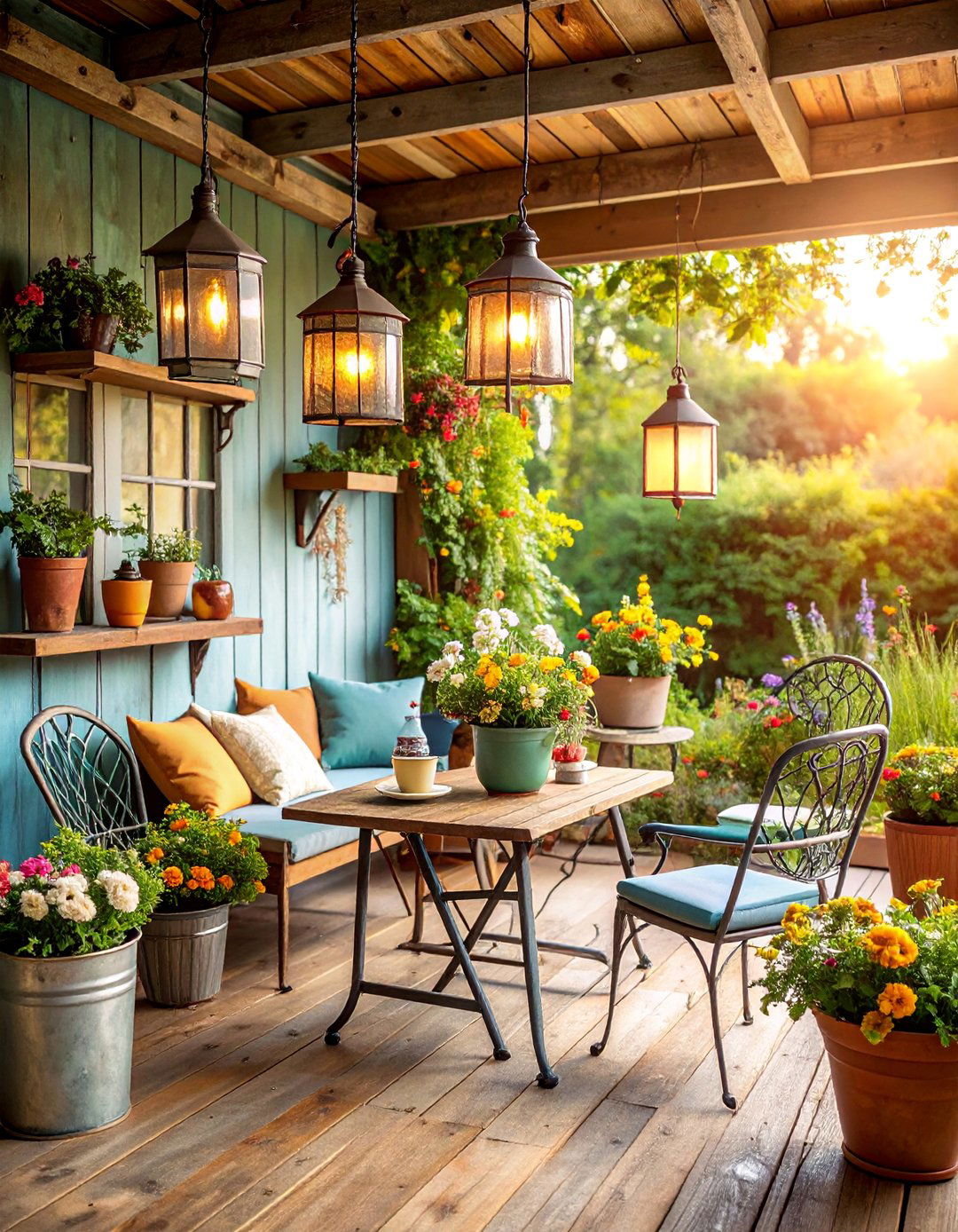 Vintage Metal Furniture Porch with Lantern Lighting - 25 Rustic Porch Ideas
