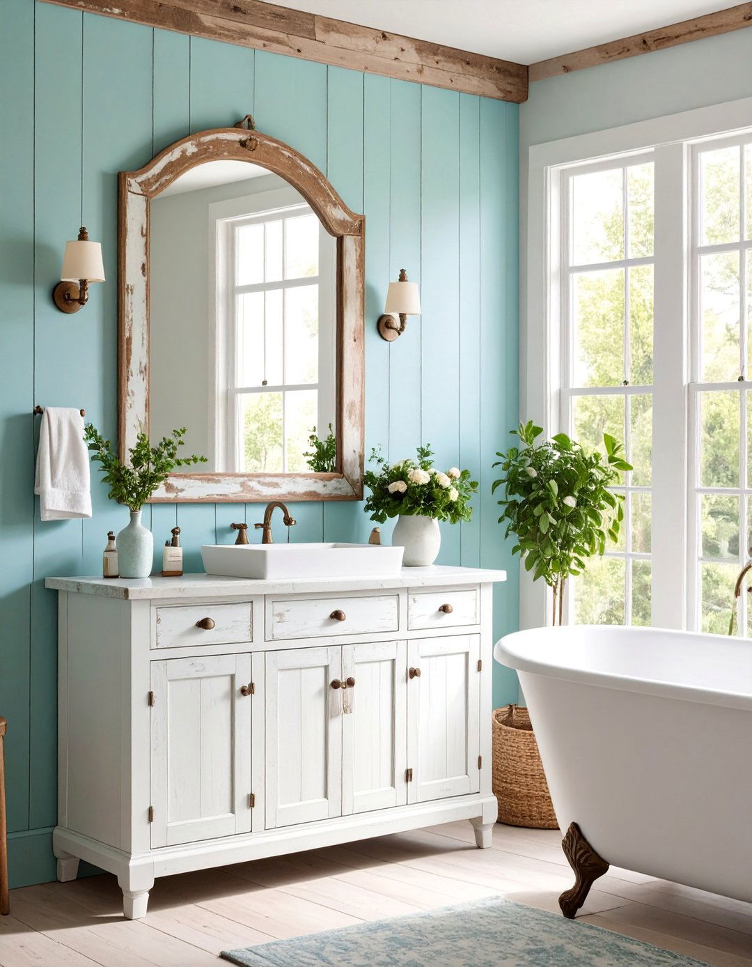 Vintage Milk Paint Finish Mirror with Chippy Distressed Character - 25 Farmhouse Bathroom Mirrors Ideas