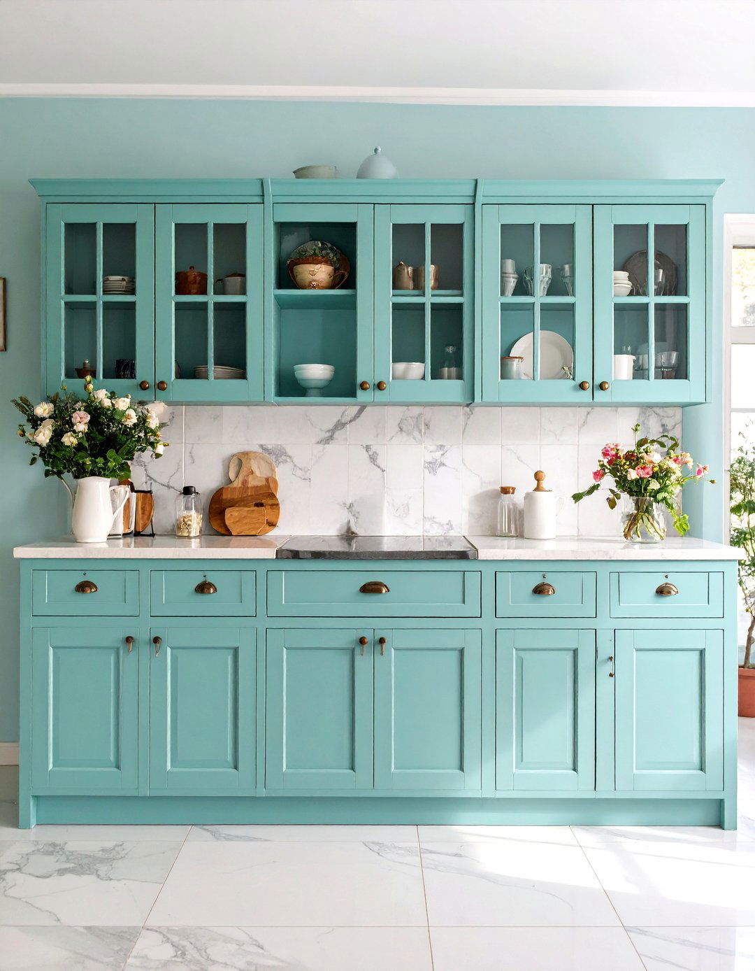 Vintage Mint Green Kitchen with Glass Front Cabinets - 25 Mint Kitchen Decor Ideas
