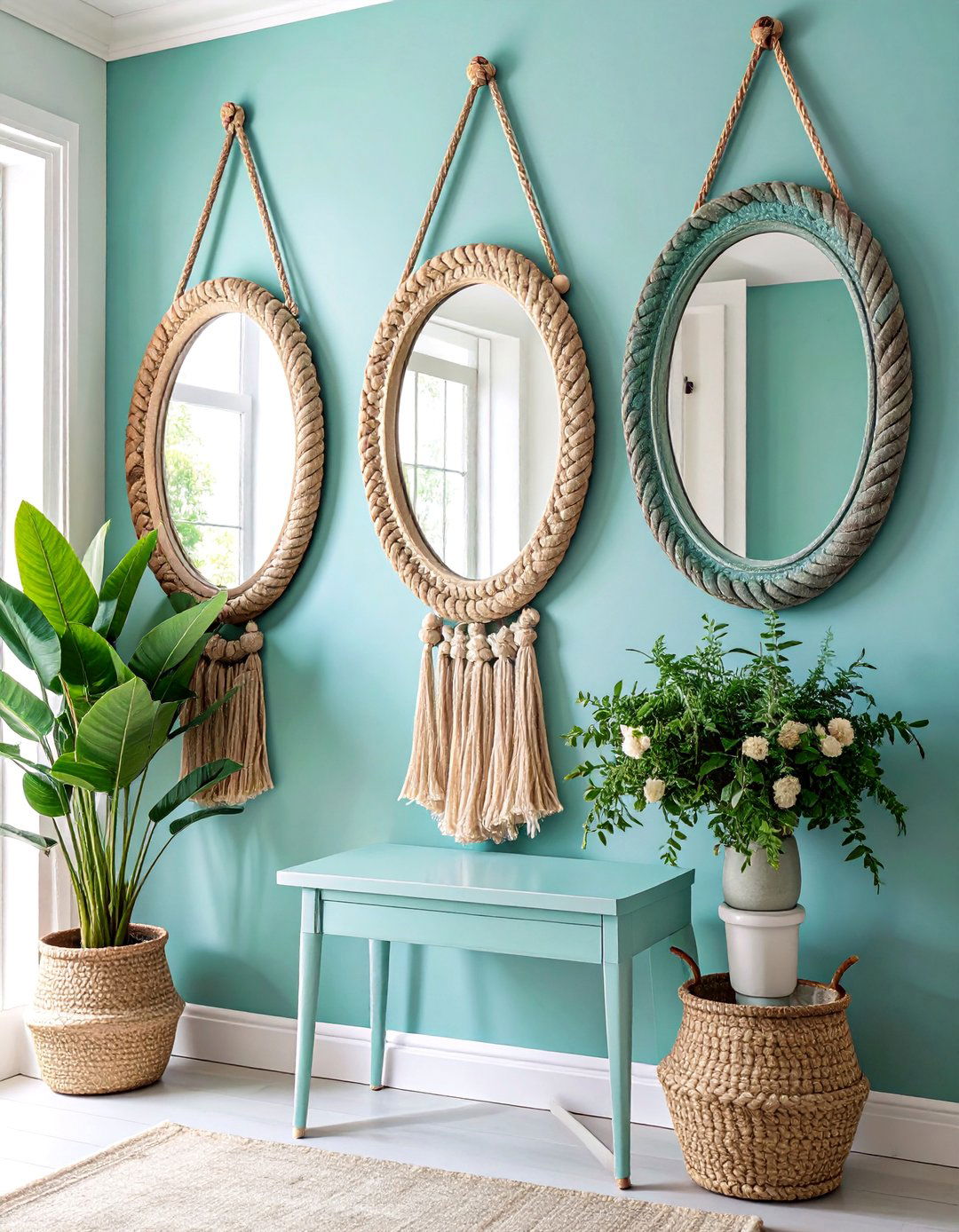 Vintage Mirror Trio with Rope Accents - 25 Farmhouse Wall Decor Ideas