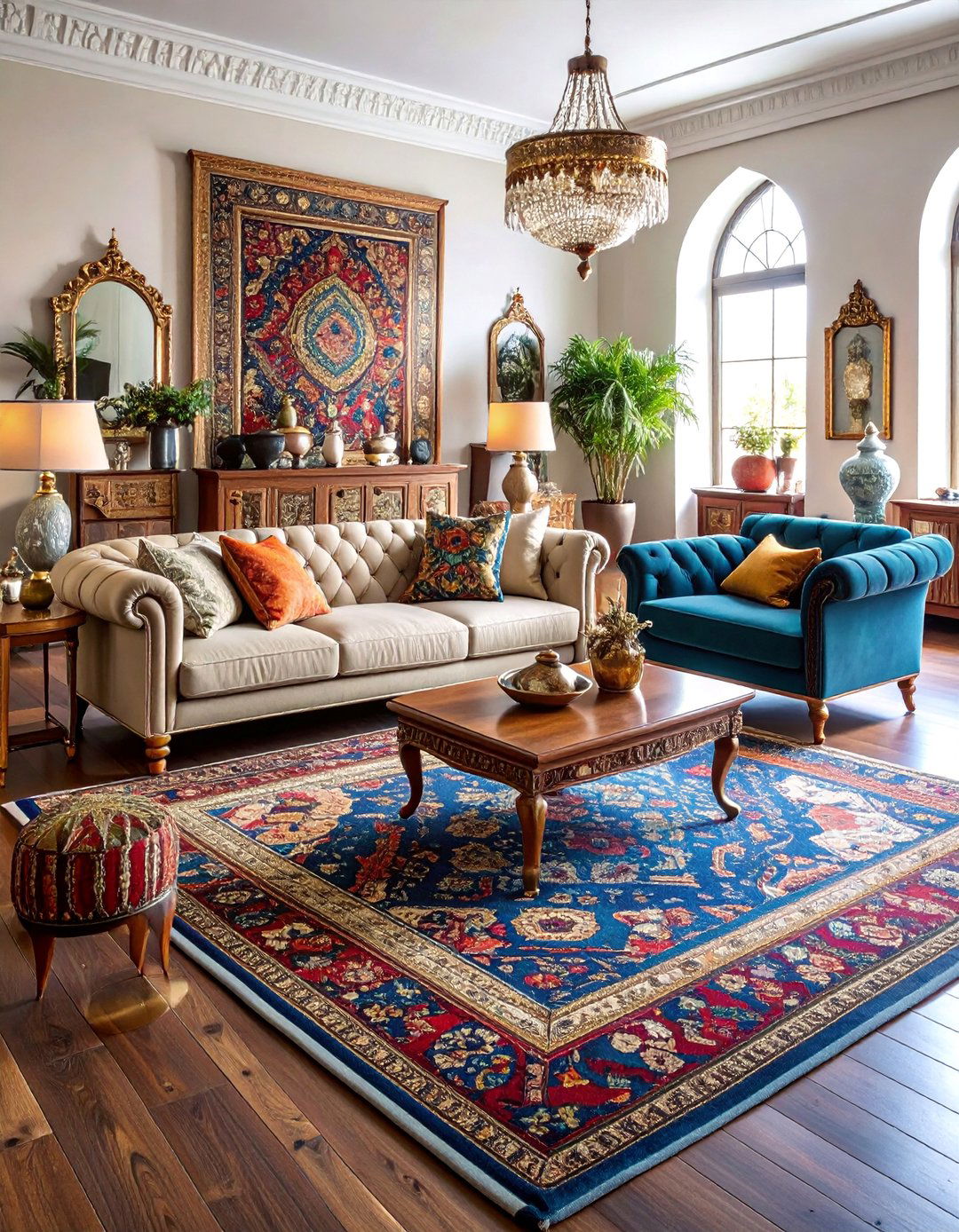 Vintage Persian Rugs on Dark Floors - 25 Black Boho Living Room Ideas
