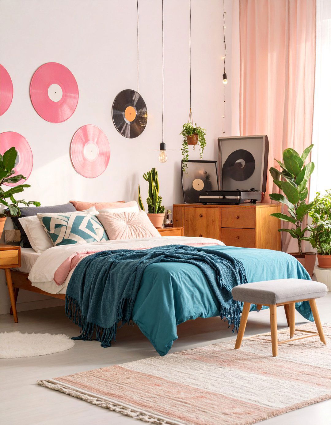Vintage Pink Record Collection Bedroom - 25 Pink Boho Bedroom Ideas