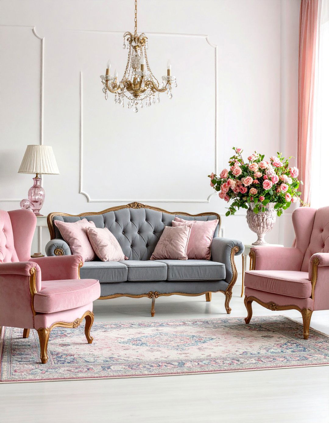 Vintage Pink and Grey Living Room with Antique Charm - 25 Pink and Grey Living Room Ideas