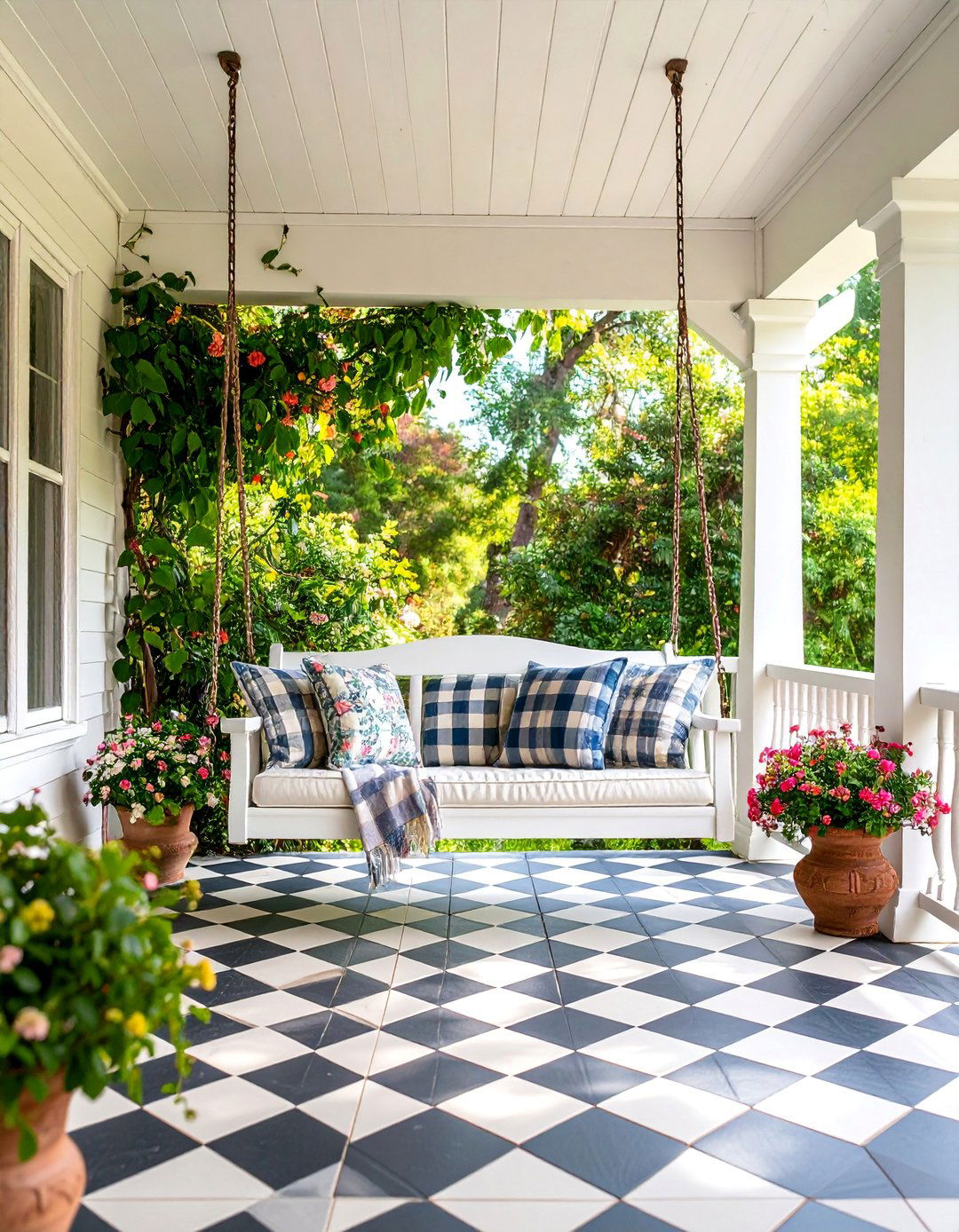 Vintage Porch Swing Sanctuary with Checkerboard Flooring - 25 Farmhouse Patio Ideas