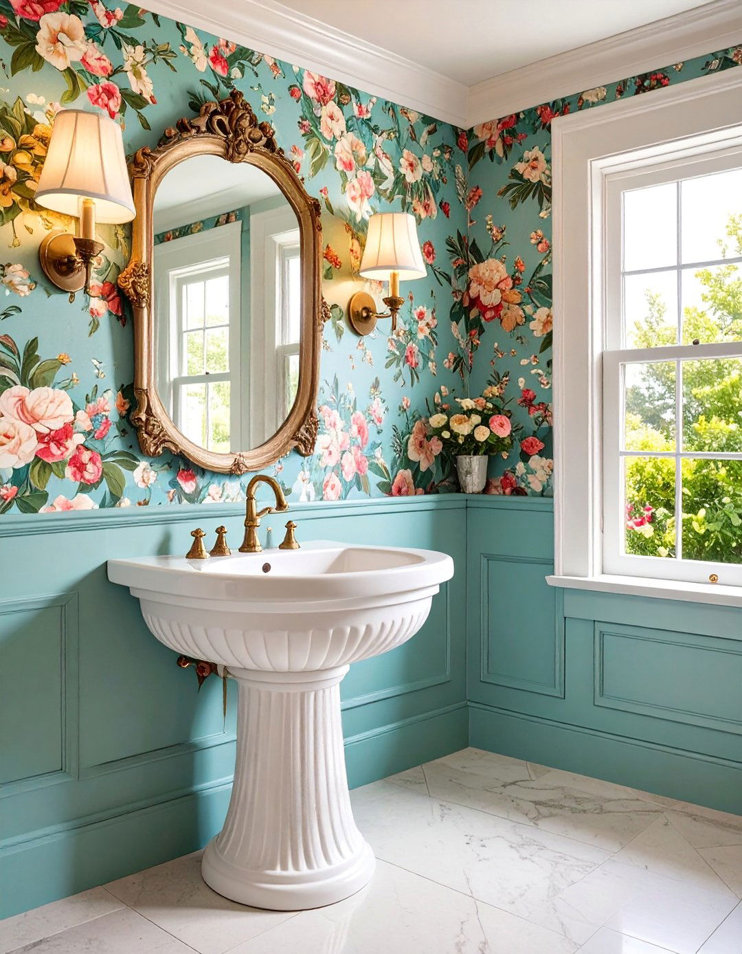 Vintage Powder Room with Floral Wallpaper - 25 Powder Room Ideas
