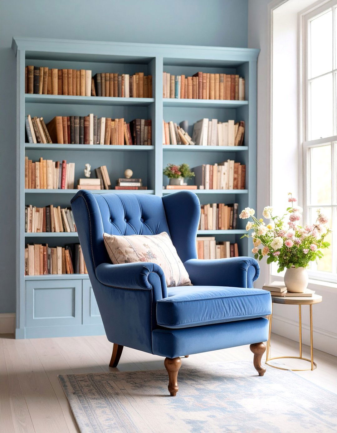 Vintage Purple Armchair Reading Nook with Blue Walls - 25 Blue and Purple Bedroom Ideas