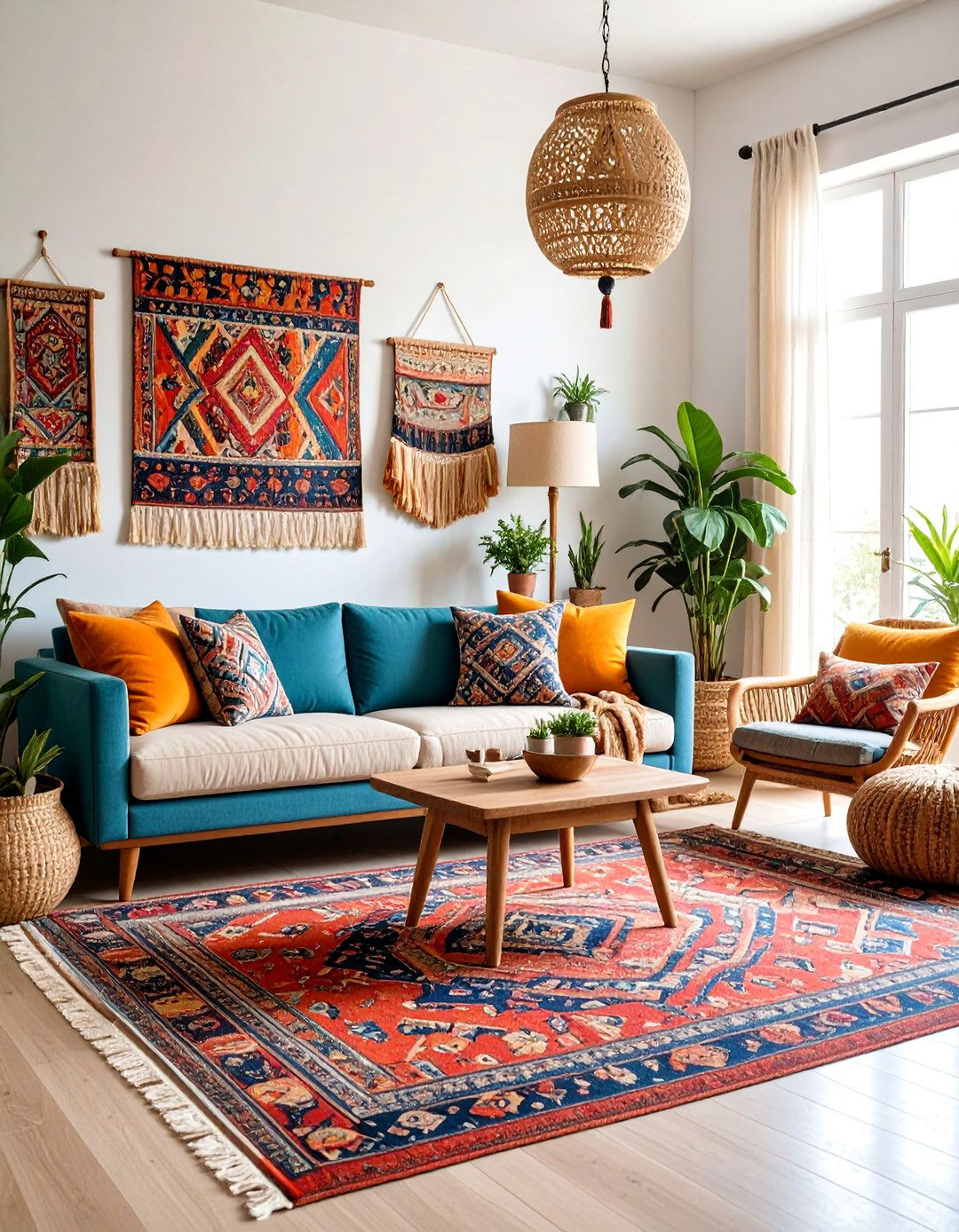 Vintage Rug Gallery with Pattern Mixing - 25 Boho Living Room Ideas