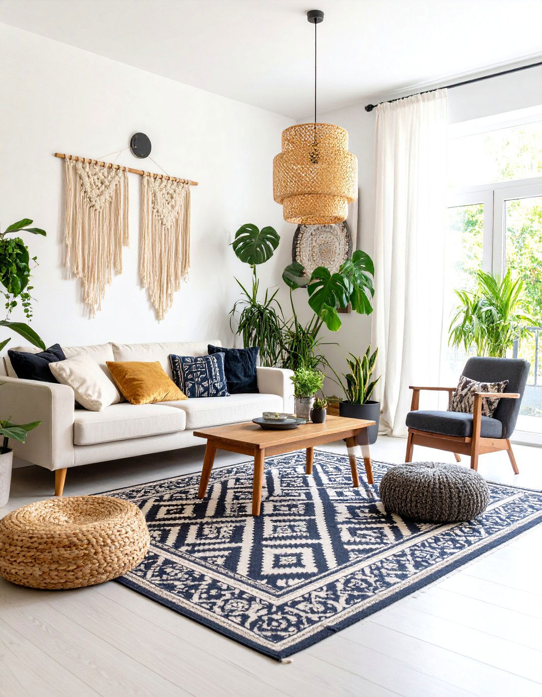 Vintage Rug Layering with Contemporary Seating - 25 Black and White Boho Living Room Ideas