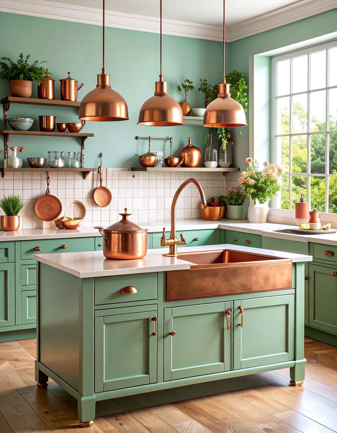 Vintage Sage Green Island with Copper Accents - 25 Sage Green Kitchen Island Ideas
