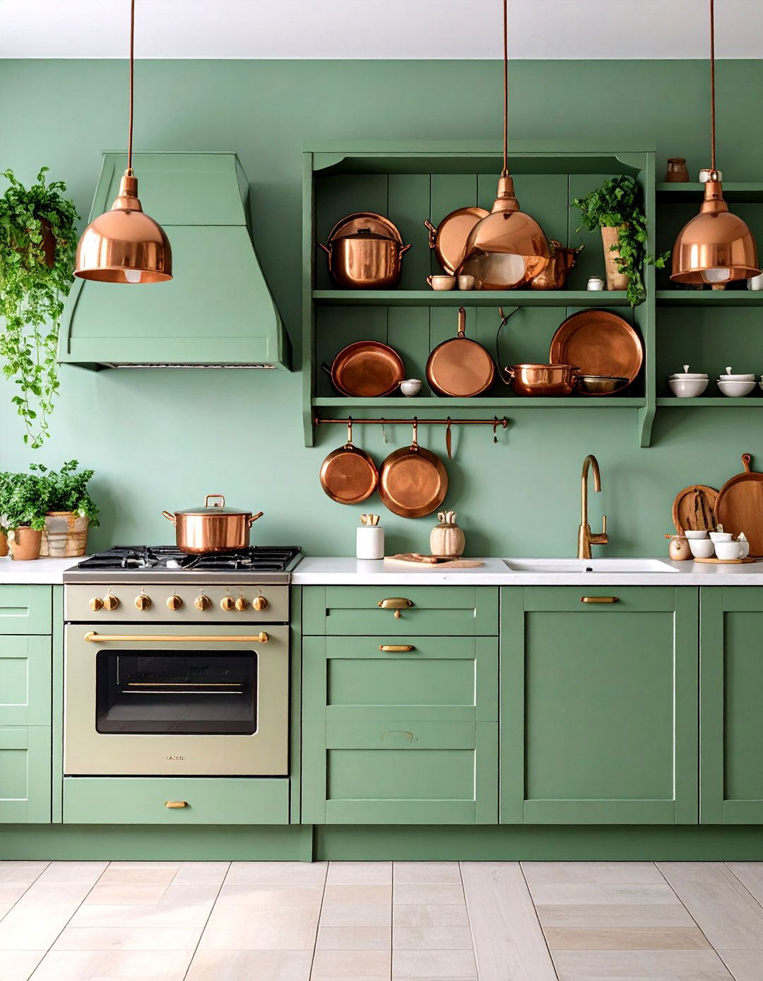 Vintage Sage Green with Copper Pots and Open Shelving - 25 Rustic Sage Green Kitchen Cabinets