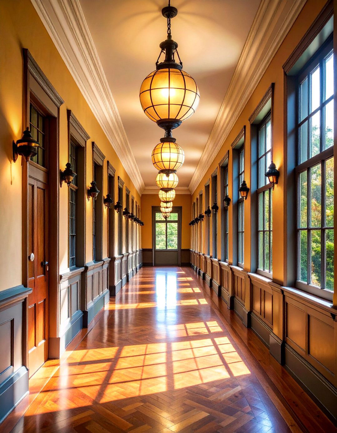 Vintage Schoolhouse Globe Pendant Arrangement with Black Fixtures - 25 Narrow Hallway Lighting Ideas