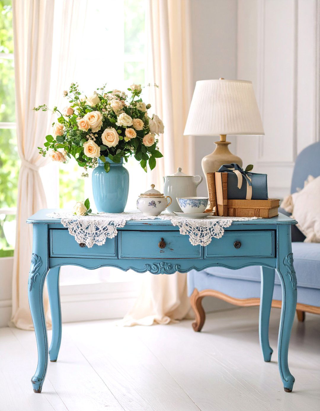 Vintage Shabby Chic Console with Romantic Details - 25 Sofa Table Decor Ideas