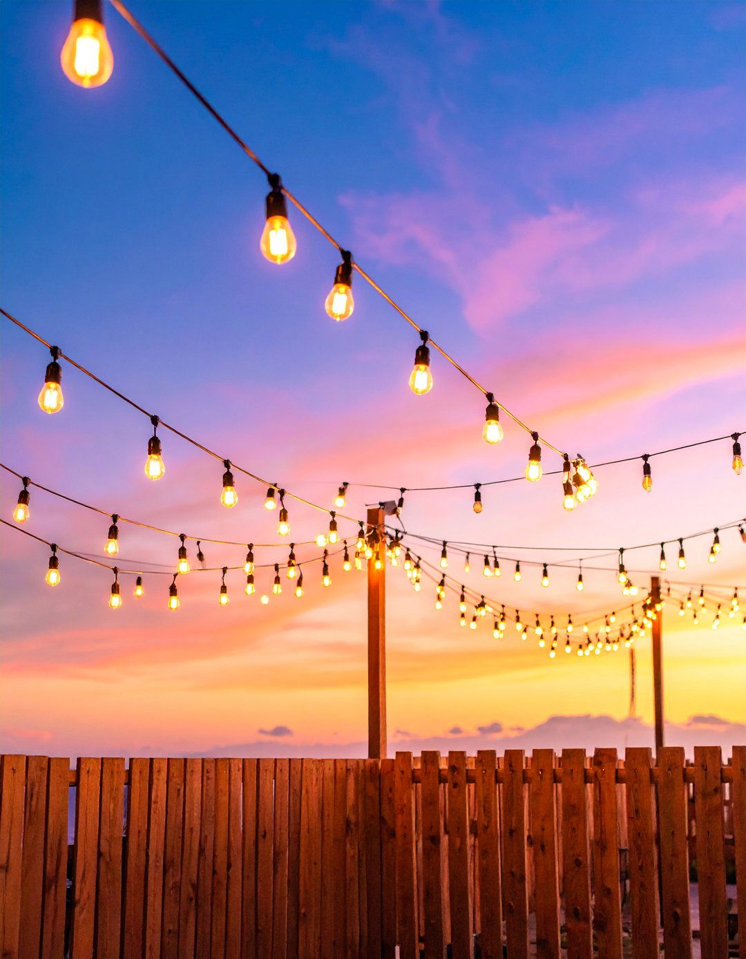 Vintage String Light Poles with Fence Mounting - 25 Fence Lighting Ideas
