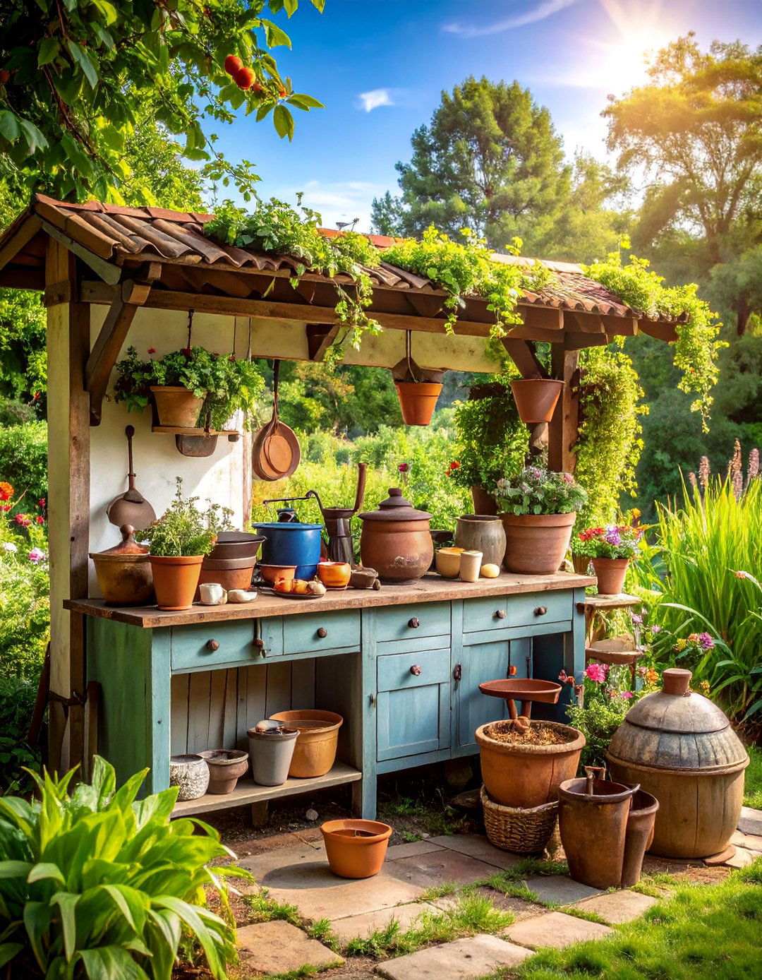 Vintage Style Mud Kitchen with Antique Accessories - 25 Mud Kitchen Ideas