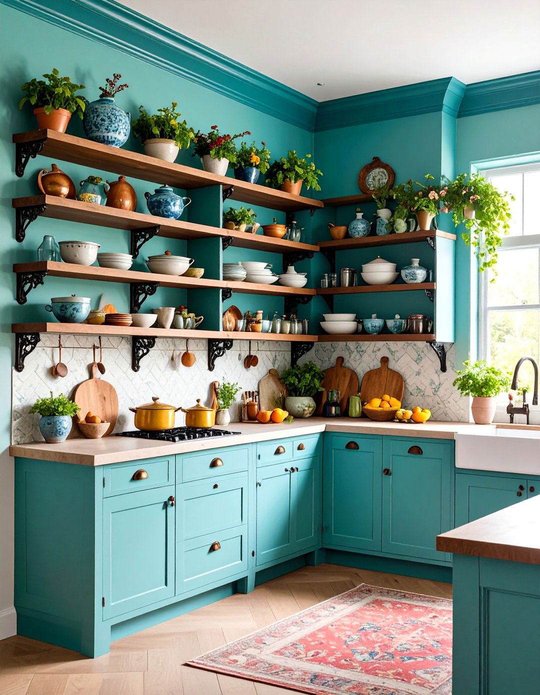 Vintage Style Open Shelving with Decorative Brackets - 25 Open Shelving Kitchen Ideas
