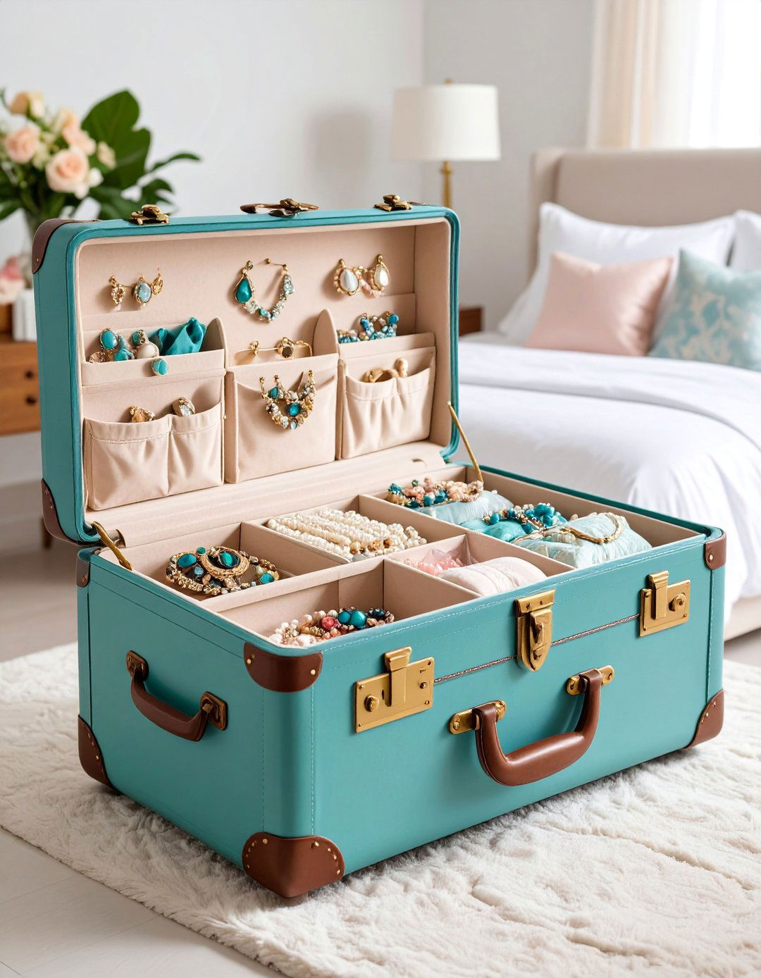 Vintage Suitcase Jewelry Storage with Divided Sections - 25 Jewelry Storage Ideas