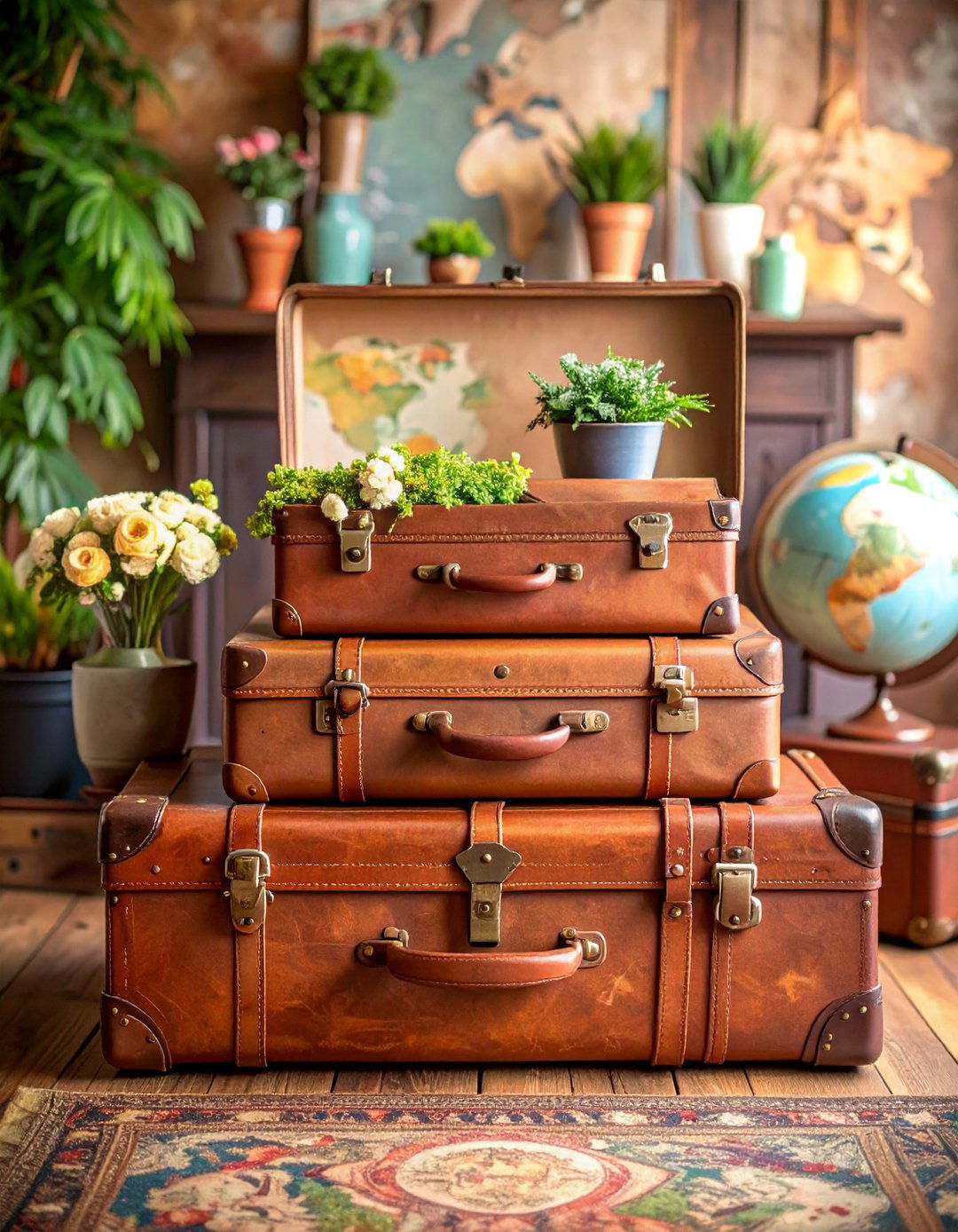 Vintage Suitcase Spring Travel Display - 25 Spring Mantel Decor Ideas