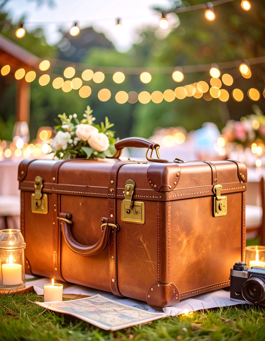 Vintage Suitcase Wedding Card Box with Travel Accessories - 25 Wedding Card Box Ideas