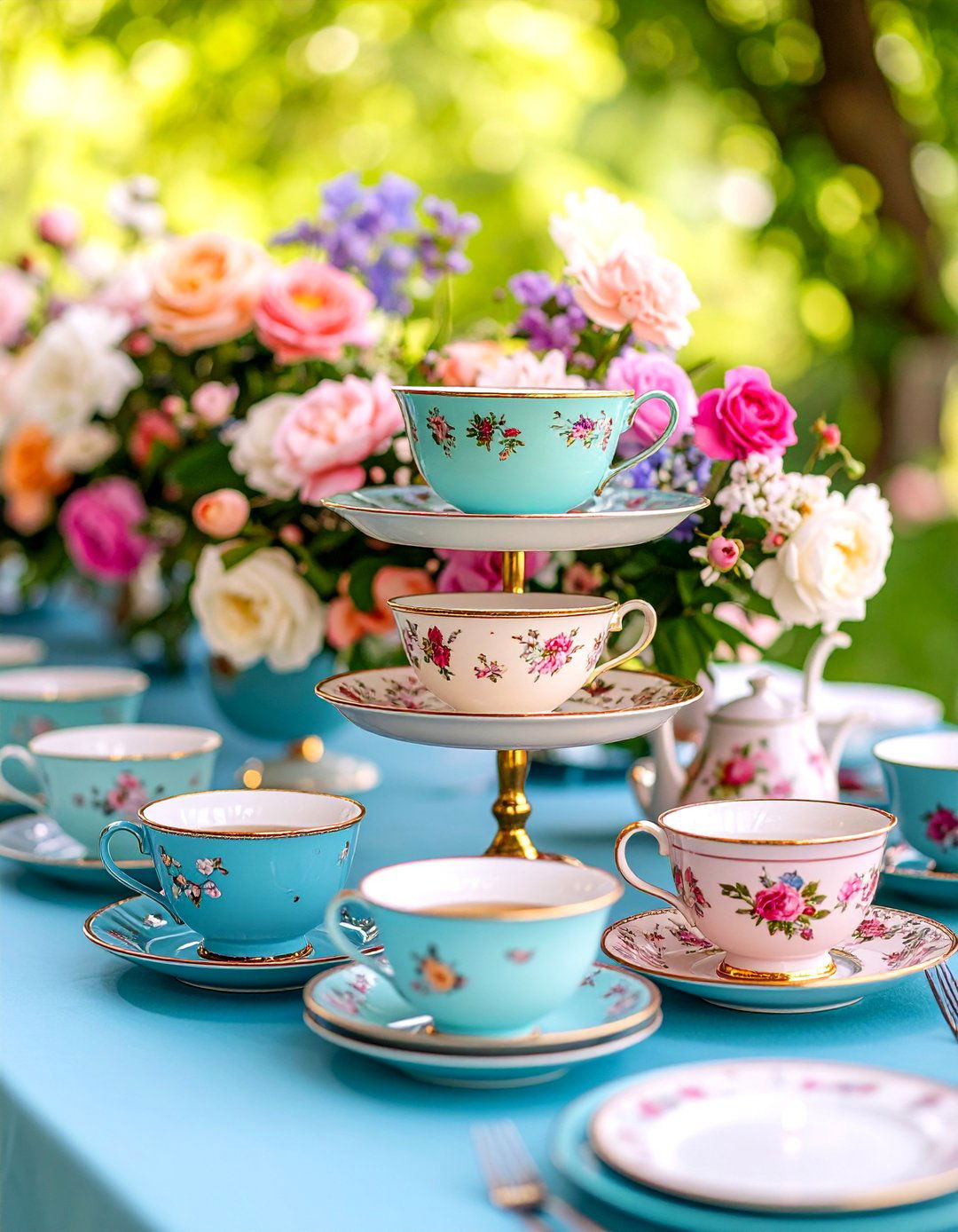 Vintage Tea Party Floating Centerpiece with Antique Teacups - 25 Floating Wedding Centerpiece Ideas