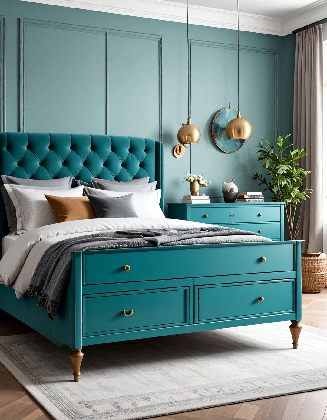 Vintage Teal Dresser with Grey Bedroom Ensemble - 25 Teal and Grey Bedroom Ideas