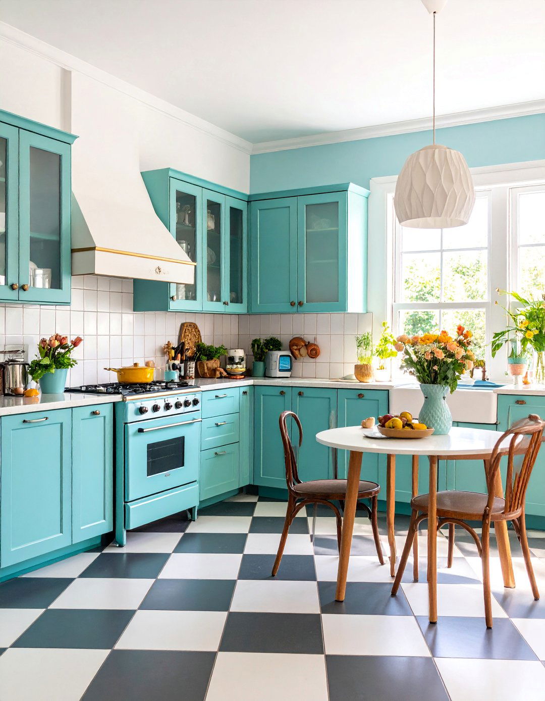 Vintage Teal Kitchen with Checkerboard Flooring - 25 Teal Kitchen Ideas